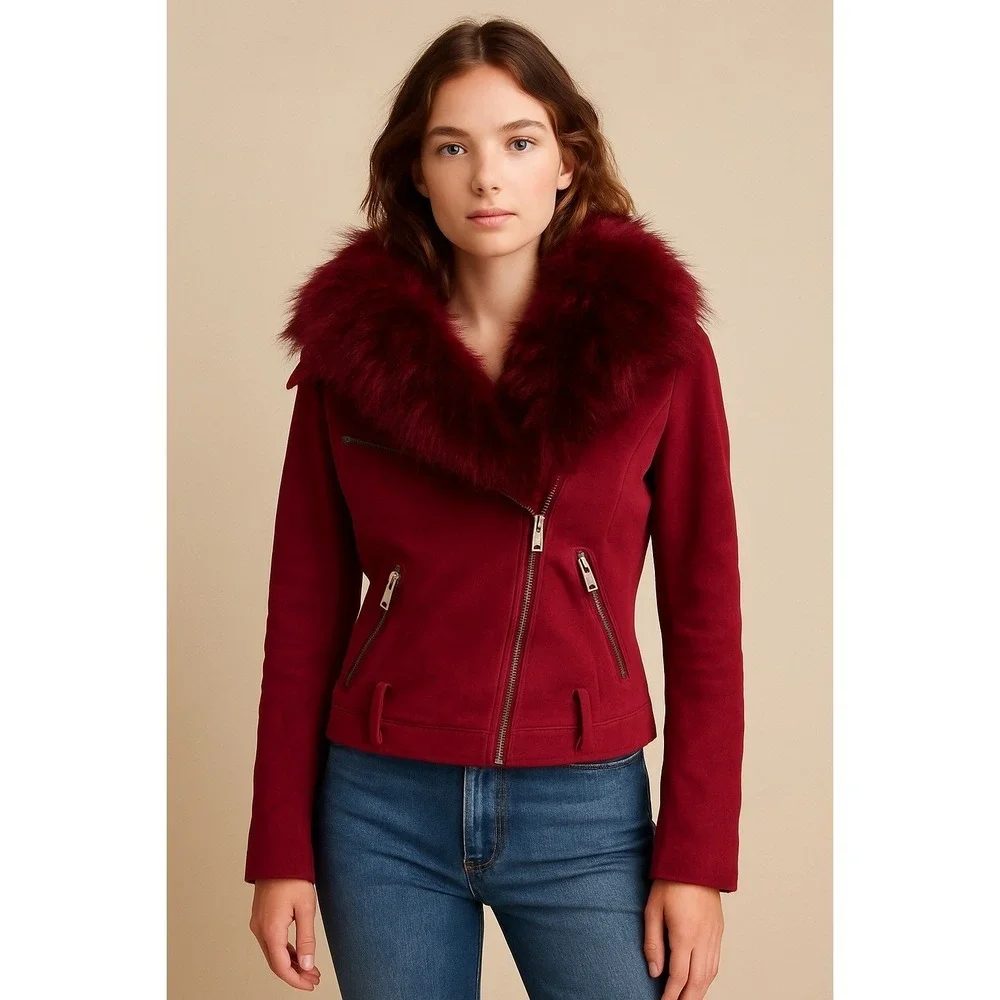 Pink Faux Suede Moto Jacket with Faux Fur Collar‎ Medium Baddy - Picture 12 of 13